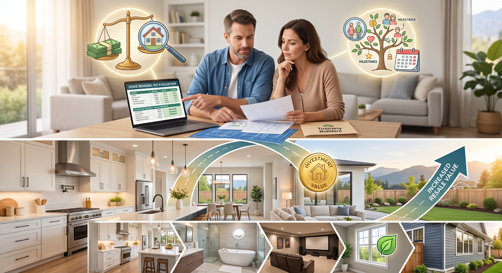 A couple evaluating home remodeling ROI on a laptop and blueprints. Below them, a visual collage displays high-return home improvement projects: an updated kitchen, renovated bathroom, basement home theater, energy-efficient windows, and new exterior siding, all leading to increased property value